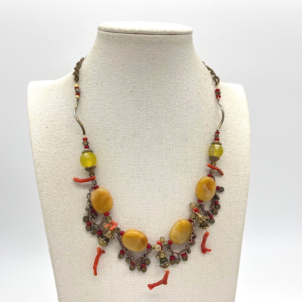 Boho Yellow Stone & Red Branch Coral Statement Necklace Brass Tone 20 Inch